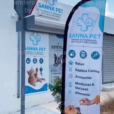 Fabricacion de bandera publicitaria personalizada veterinaria sanna pet local sucursal