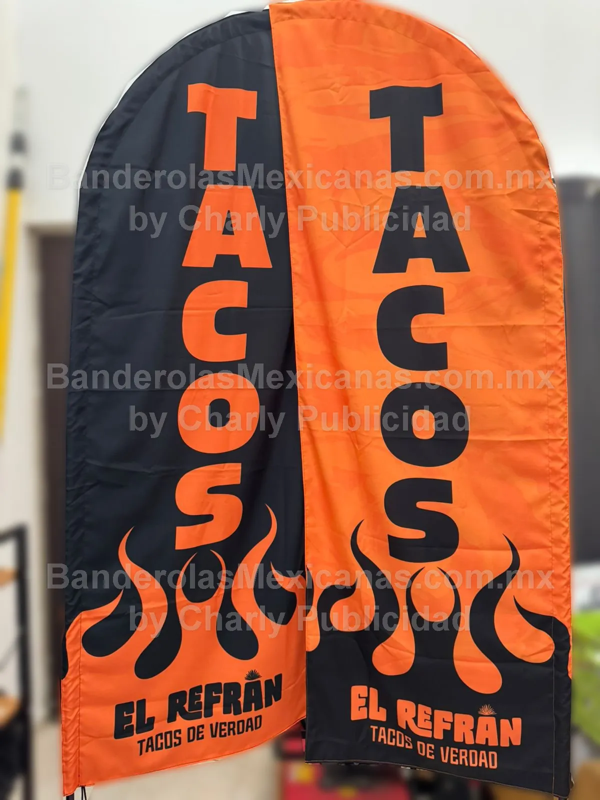 bandera publicitarria personalizada banderola negocio TACOS taqueria El Refran
